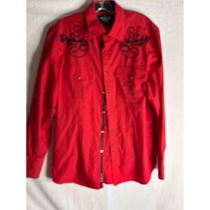 El General 1901 Mens Red Western Shirt Black Embroidery Pearl Snap Long Sleeve